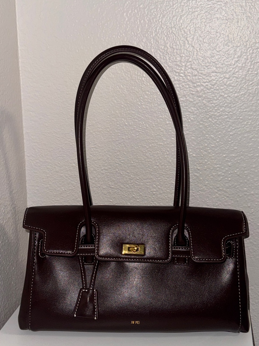 JW PEI Dark Brown Structured Top-Handle Shoulder Bag with Gold Hardware - Picture 7 of 8